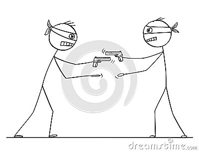 Cartoon of Two Men With Gun Trying to Rob Each Other in Same Time Vector Illustration