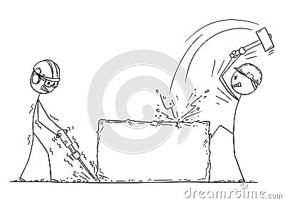 Cartoon of Two Workmen or Labourers Working With Hammer and Drill on Rock or Stone Vector Illustration