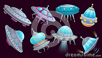 Cartoon ufo spaceship. Alien spacecraft futuristic vehicle, space invaders ship and flying saucer isolated vector set Vector Illustration