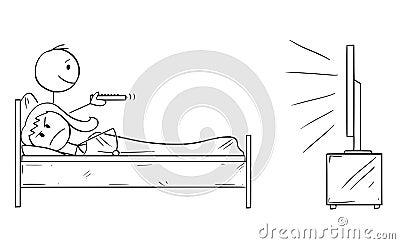 Cartoon of Unhappy Woman Trying to Sleep While Man in Watching TV or Television Vector Illustration