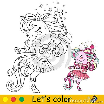 Cartoon unicorn ballerina in dress coloring book page vector Vector Illustration