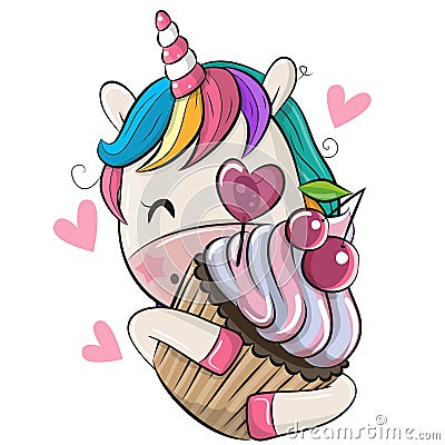 Cartoon Unicorn with Cupcake on a white background Vector Illustration