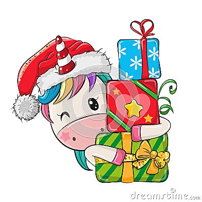 Cartoon Unicorn with gifts in a Santa hat Vector Illustration
