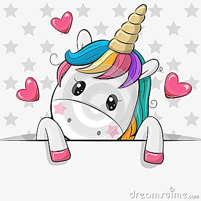 Cartoon Unicorn is holding a placard on a stars background Vector Illustration