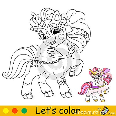 Cartoon unicorn queen kids coloring book page vector Vector Illustration