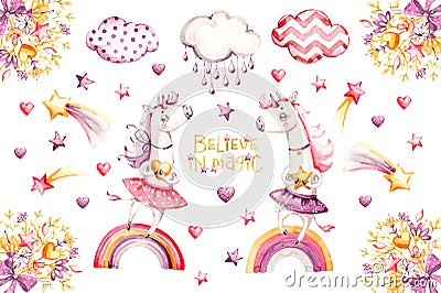 Cartoon unicorn set. watercolor for decoration design. Funny pink animal princess collection. Princess rainbow poster. Stock Photo