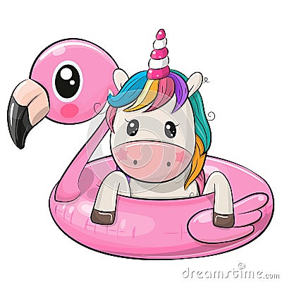 Cartoon Unicorn swimming on pool ring inflatable flamingo Vector Illustration