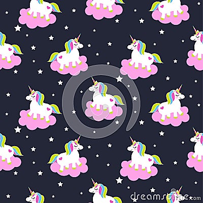 Cartoon unicorns on pink clouds seamless pattern. Fairytale pony child characters dark blue vector background. Vector Illustration