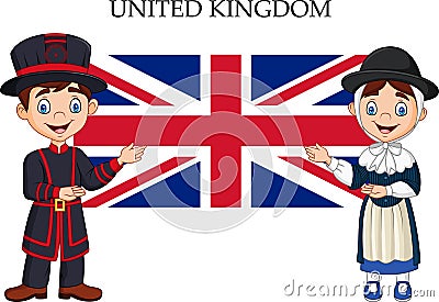 Cartoon United Kingdom couple wearing traditional costume Vector Illustration