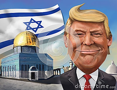 Cartoon of United States recognition of Jerusalem as Israeli cap Editorial Stock Photo