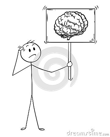 Cartoon of Unsure Man or Businessman Holding Sign with Brain Image Symbol Vector Illustration