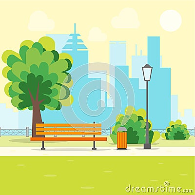 Cartoon Urban Park with Bench. Vector Vector Illustration