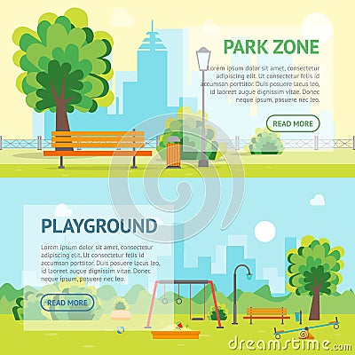 Cartoon Urban Park and Kids Playground Banner Card. Vector Vector Illustration