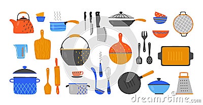 Cartoon utensil. Hand drawn cookery and kitchen equipment, doodle kitchenware and cutlery. Vector cooking devices Vector Illustration