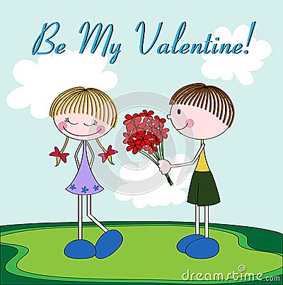 Cartoon Valentine card with girl and boy Vector Illustration