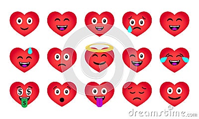 Cartoon Valentine`s Day Heart Emoticons Set Vector Illustration