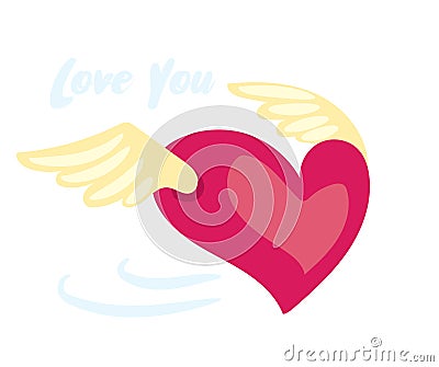 Cartoon valentines day romantic illustration . Red flying heart with wings. Vector Illustration