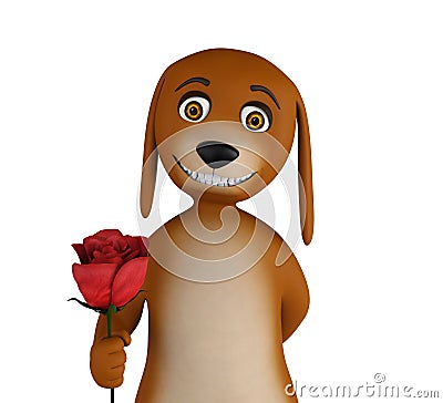 Cartoon valentines dog with a red rose in hand, isolated on white background. 3d render Stock Photo