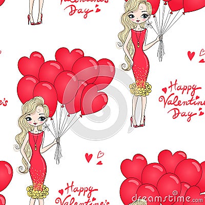 Cartoon valentines girl seamless pattern with cute girl, pink heart and bows. Vector Illustration