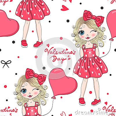 Cartoon valentines girl seamless pattern with cute girl, pink heart and bows. Vector Illustration