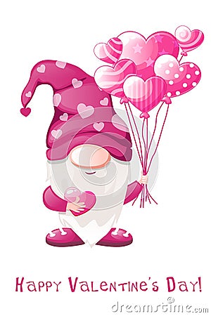 Cartoon Valentines gnome with balloons. Greeting Valentine s day Vector Illustration