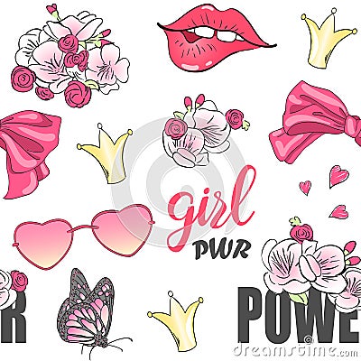 Cartoon valentines power girl seamless pattern with pink heart, lips, sunglasses, flower, crown and bow. Vector Illustration