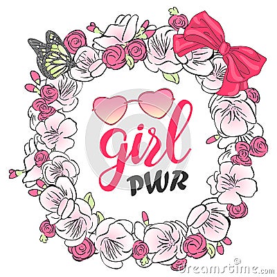 Cartoon valentines power girl seamless pattern with pink heart, lips, sunglasses, flower, crown and bow. Vector Illustration