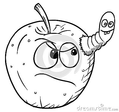 Cartoon Vector Apple Infected by Cute Crazy Insect Worm Looking Vector Illustration