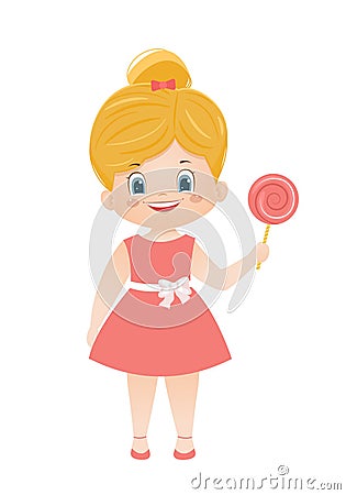 Cartoon vector blond girl in a pink dress with lollipop. Vector Illustration