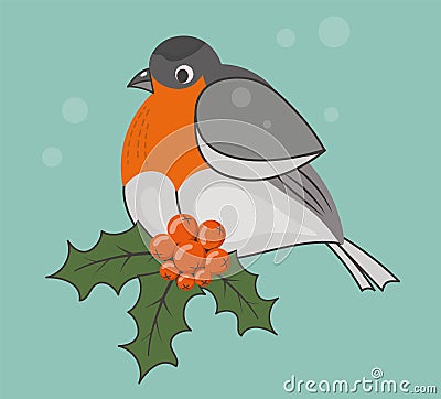 Cartoon vector bullfinch. A bright fluffy winter bird sits on a rowan branch with red berries. Winter card, poster with Vector Illustration