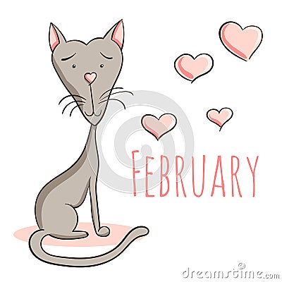 Cartoon vector cat for calendar month February Vector Illustration