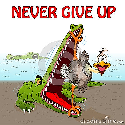 cartoon vector comic Alligator is trying to eat an ostrich, but he has strong legs that do not allow to close his Vector Illustration