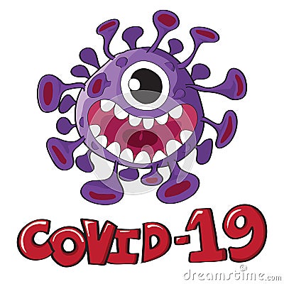 Cartoon vector Covid-19 Coronavirus isolated with text COVID-19 on white background. Vector Illustration