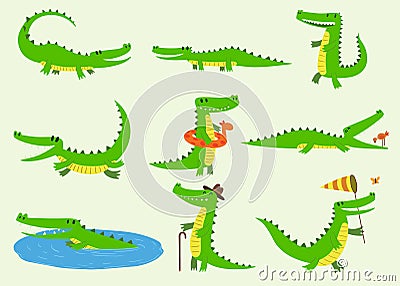 Cartoon vector crocodiles characters different green zoo animals. Cute crocodile funny animal with bath toy and big Vector Illustration