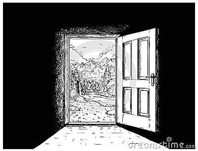 Cartoon Vector of Door to Nature Freedom Vector Illustration