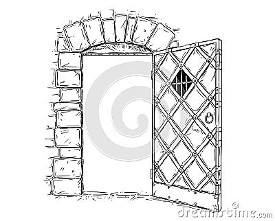 Cartoon Vector Drawing of Open Wooden Medieval Decision Door Vector Illustration