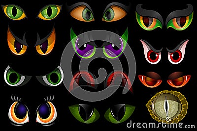 Cartoon vector eyes beast devil monster animals eyeballs of angry or scary expressions evil eyebrow and eyelashes on Vector Illustration