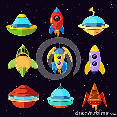 Cartoon vector fantastic ufo, spaceships and rockets vector set Vector Illustration