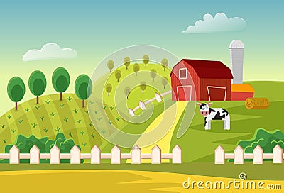 Cartoon vector farm landscape field with farmers buildings and cow. Farm flat landscape. Vector Illustration