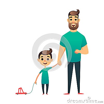 Cartoon vector father and son. Man and boy. Happy family. Happy Father s Day greeting card Vector Illustration