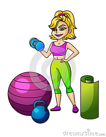 Cartoon vector girl with ball, dumbbells, sportswear. Vector Illustration