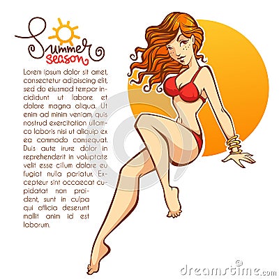 cartoon vector girl in red swimsuit Vector Illustration