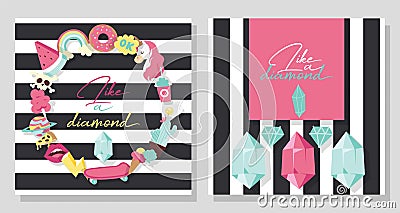 Cartoon vector girlish accessories lipstick icecream kids unicorn rainbow and doghnut illustration colorful set of Vector Illustration