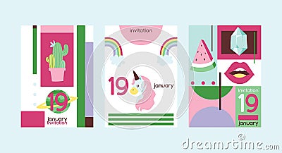 Cartoon vector girlish accessories lipstick icecream kids unicorn rainbow and doghnut illustration wallpaper colorful Vector Illustration