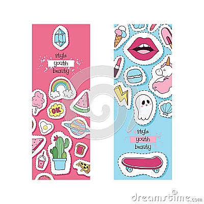 Cartoon vector girlish accessories lipstick icecream kids unicorn rainbow and doghnut sticker illustration colorful set Vector Illustration