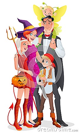 Cartoon vector Halloween family. Vampire, witch, devil, pirate and fairy. Vector Illustration