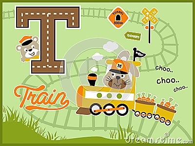 Cartoon vector of funny rabbit on steam train with funny bear the machinist Vector Illustration