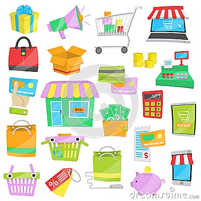 Cartoon vector icons for sales and shopping Vector Illustration