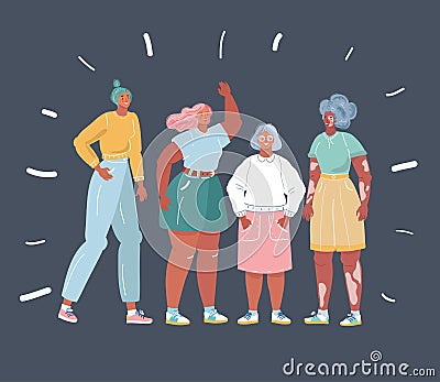 Body positive group women. Beauty diversity of different women on dark background Vector Illustration