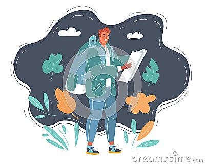 Vector illustration of backpacker looking at map. Vector Illustration